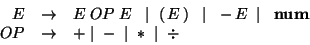 \begin{displaymath}\begin{array}{rcl}
E & \rightarrow & E\; OP\; E\; \;\mid\; (\...
...ightarrow & + \mid\; -\; \mid\; *\; \mid\; \div \\
\end{array}\end{displaymath}