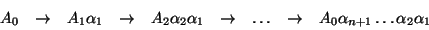 \begin{displaymath}\begin{array}{ccccccccc}
A_0 & \rightarrow & A_1 \alpha_1 & \...
...htarrow & A_0 \alpha_{n+1} \ldots \alpha_2 \alpha_1
\end{array}\end{displaymath}