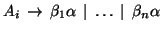 $A_i\, \rightarrow\, \beta_1 \alpha\, \mid\, \ldots\, \mid\, \beta_n \alpha$