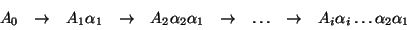 \begin{displaymath}\begin{array}{ccccccccc}
A_0 & \rightarrow & A_1 \alpha_1 &
...
...\rightarrow & A_i \alpha_i \ldots \alpha_2 \alpha_1
\end{array}\end{displaymath}