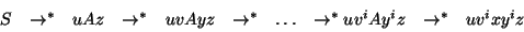 \begin{displaymath}\begin{array}{ccccccccccc}
S & \rightarrow^* & uAz & \rightar...
...\rightarrow^* uv^iAy^iz & \rightarrow^* & uv^ixy^iz
\end{array}\end{displaymath}
