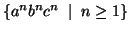 $\{a^nb^nc^n\; \mid\; n \geq 1\}$